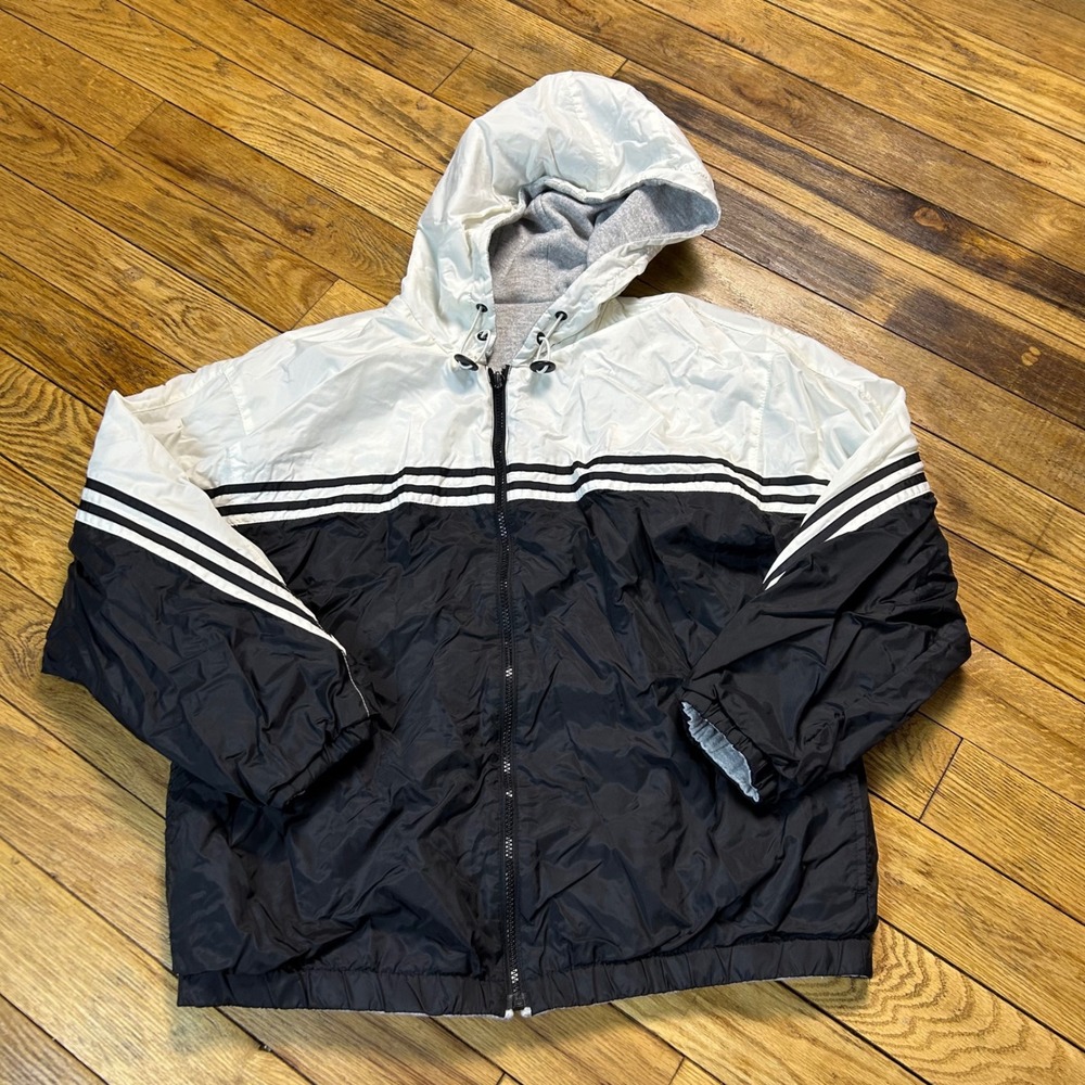 Vintage Reversible Hooded Jacket Black White Gray Striped Zip‎ Up Outerwear